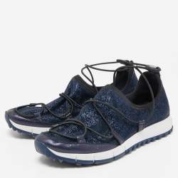 Jimmy Choo Navy Blue Lurex Fabric and Leather Andrea Sneakers Size 35