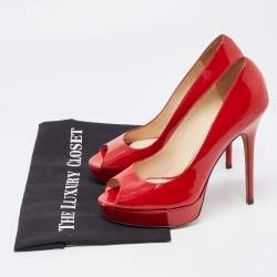 Pre Owned Jimmy Choo Red Patent Leather Peep Toe Crown Pumps Size 38