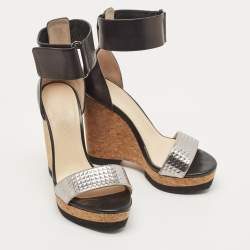 Jimmy Choo Black/Silver Leather Neston Wedge Sandals Size 37