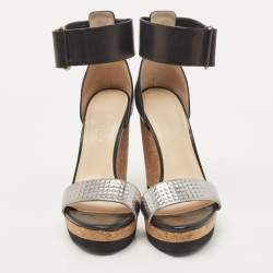 Jimmy Choo Black/Silver Leather Neston Wedge Sandals Size 37
