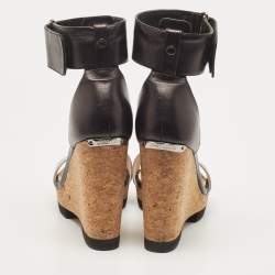 Jimmy Choo Black/Silver Leather Neston Wedge Sandals Size 37