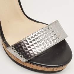 Jimmy Choo Black/Silver Leather Neston Wedge Sandals Size 37