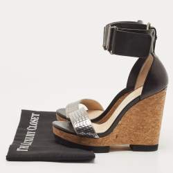 Jimmy Choo Black/Silver Leather Neston Wedge Sandals Size 37