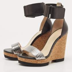 Jimmy Choo Black/Silver Leather Neston Wedge Sandals Size 37