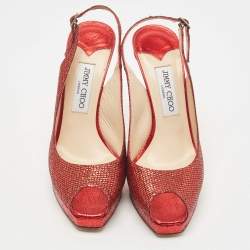 مملوكة مسبقًا Jimmy Choo Red Glitter and Lame Leather Slingback Pumps Size 39 