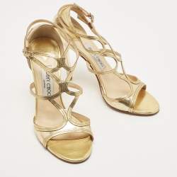 Jimmy Choo Gold Leather Lance Ankle Strap Sandals Size 38.5
