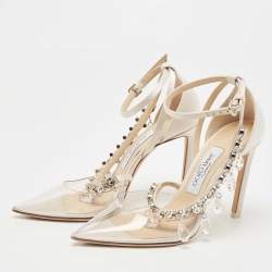 Off-White x Jimmy Choo White/Transparent Satin and PVC Victoria Crystal Embellished Pumps Size 36.5