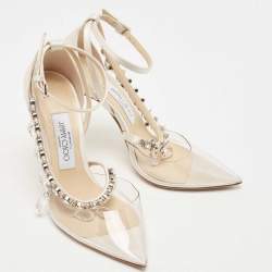 Off-White x Jimmy Choo White/Transparent Satin and PVC Victoria Crystal Embellished Pumps Size 36.5