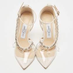 Off-White x Jimmy Choo White/Transparent Satin and PVC Victoria Crystal Embellished Pumps Size 36.5