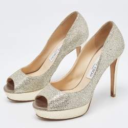 Pre Owned Jimmy Choo Metallic Silver Glitter Peep Toe Dahlia Pumps Size 38