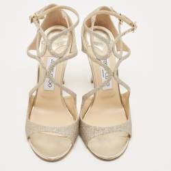 Pre Owned Jimmy Choo Silver Glitter and Leather Lang  Sandals Size 39.5