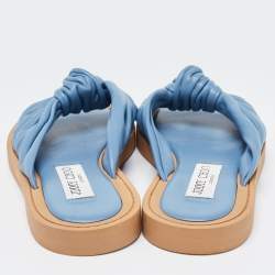 Pre Owned Jimmy Choo Navy Blue Leather Bow Flat Slides Size 36