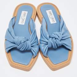 Pre Owned Jimmy Choo Navy Blue Leather Bow Flat Slides Size 36