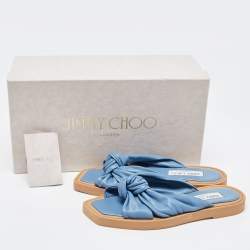 Pre Owned Jimmy Choo Navy Blue Leather Bow Flat Slides Size 36