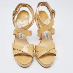 Jimmy Choo Beige Patent Leather Vamp Ankle Strap Sandals Size 37