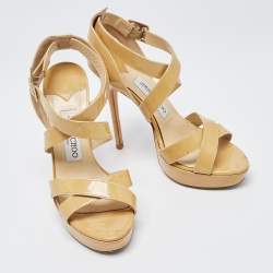 Jimmy Choo Beige Patent Leather Vamp Ankle Strap Sandals Size 37