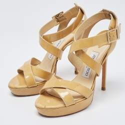 Jimmy Choo Beige Patent Leather Vamp Ankle Strap Sandals Size 37