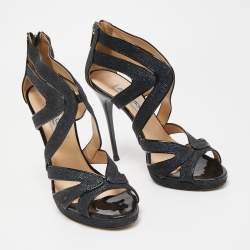 Pre Owned Jimmy Choo Navy Blue /Black Glitter and Patent Leather Strappy Ankle Sandals Size 40