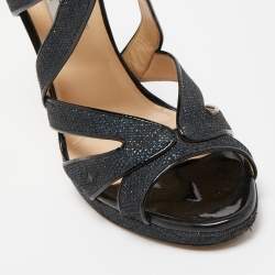 Pre Owned Jimmy Choo Navy Blue /Black Glitter and Patent Leather Strappy Ankle Sandals Size 40