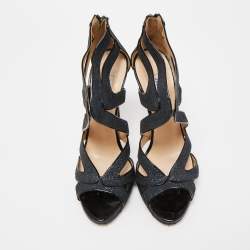 Pre Owned Jimmy Choo Navy Blue /Black Glitter and Patent Leather Strappy Ankle Sandals Size 40