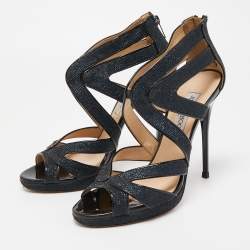 Pre Owned Jimmy Choo Navy Blue /Black Glitter and Patent Leather Strappy Ankle Sandals Size 40