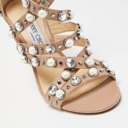 مملوكة مسبقًا Jimmy Choo Beige Leather Pearl/Crystal Embellished Moore Ankle Strap Sandals Size 38