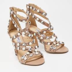 مملوكة مسبقًا Jimmy Choo Beige Leather Pearl/Crystal Embellished Moore Ankle Strap Sandals Size 38