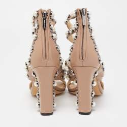 مملوكة مسبقًا Jimmy Choo Beige Leather Pearl/Crystal Embellished Moore Ankle Strap Sandals Size 38
