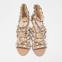 مملوكة مسبقًا Jimmy Choo Beige Leather Pearl/Crystal Embellished Moore Ankle Strap Sandals Size 38