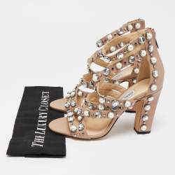 مملوكة مسبقًا Jimmy Choo Beige Leather Pearl/Crystal Embellished Moore Ankle Strap Sandals Size 38