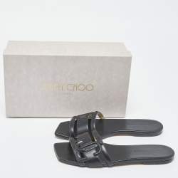 Pre Owned Jimmy Choo Black Leather Laran Flat Slides Size 38