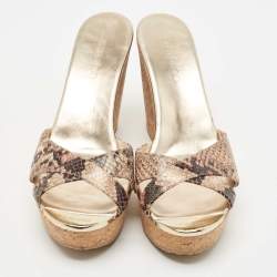 مملوكة مسبقًا Jimmy Choo Brown/Beige Python Embossed Leather Prima Platform Wedge Sandals Size 38