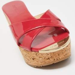 Pre Owned Jimmy Choo Pink Patent Leather Prima Cork Wedge Platform Sandals Size 37.5