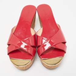 Pre Owned Jimmy Choo Pink Patent Leather Prima Cork Wedge Platform Sandals Size 37.5