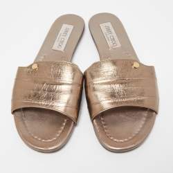 Pre Owned Jimmy Choo Metallic Leather Nanda Flat Slides Size 37.5