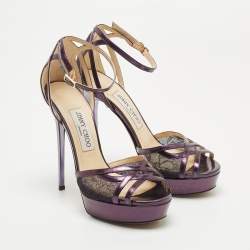 Pre Owned Jimmy Choo Purple Lace and Leather Laurita Sandals Size 37.5