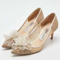 Pre Owned Jimmy Choo Beige Lace and Leather Pointed Toe Pumps Size 36.5