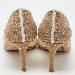 Pre Owned Jimmy Choo Beige Lace and Leather Pointed Toe Pumps Size 36.5