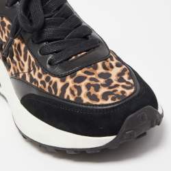 Pre Owned Jimmy Choo Black/Brown Leather and Leopard Print Nylon Memphis Sneakers Size 38