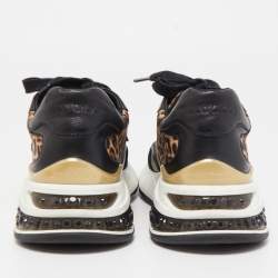 Pre Owned Jimmy Choo Black/Brown Leather and Leopard Print Nylon Memphis Sneakers Size 38