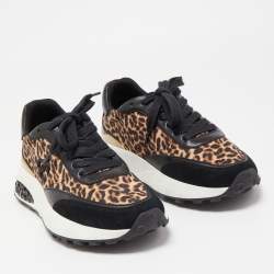 Pre Owned Jimmy Choo Black/Brown Leather and Leopard Print Nylon Memphis Sneakers Size 38