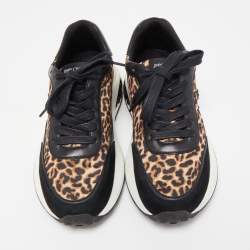 Pre Owned Jimmy Choo Black/Brown Leather and Leopard Print Nylon Memphis Sneakers Size 38