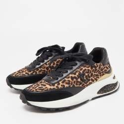 Pre Owned Jimmy Choo Black/Brown Leather and Leopard Print Nylon Memphis Sneakers Size 38