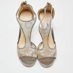 Jimmy Choo Silver Mesh and Leather Ankle Strap Sandals Size 38