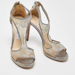 Jimmy Choo Silver Mesh and Leather Ankle Strap Sandals Size 38