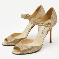 Jimmy Choo Gold Coarse Glitter Foil Leather Ankle Strap Sandals Size 39.5