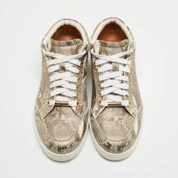 Pre Owned Jimmy Choo Metallic White Python Embossed Leather Low Top Sneakers Size 36