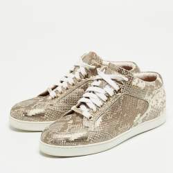 Pre Owned Jimmy Choo Metallic White Python Embossed Leather Low Top Sneakers Size 36