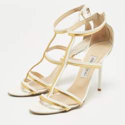 Jimmy Choo White/Gold Patent and Leather Ankle Sandals Size 39.5
