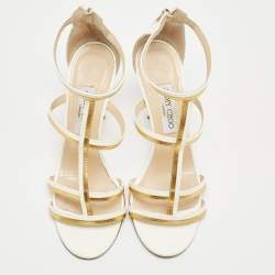 Jimmy Choo White/Gold Patent and Leather Ankle Sandals Size 39.5